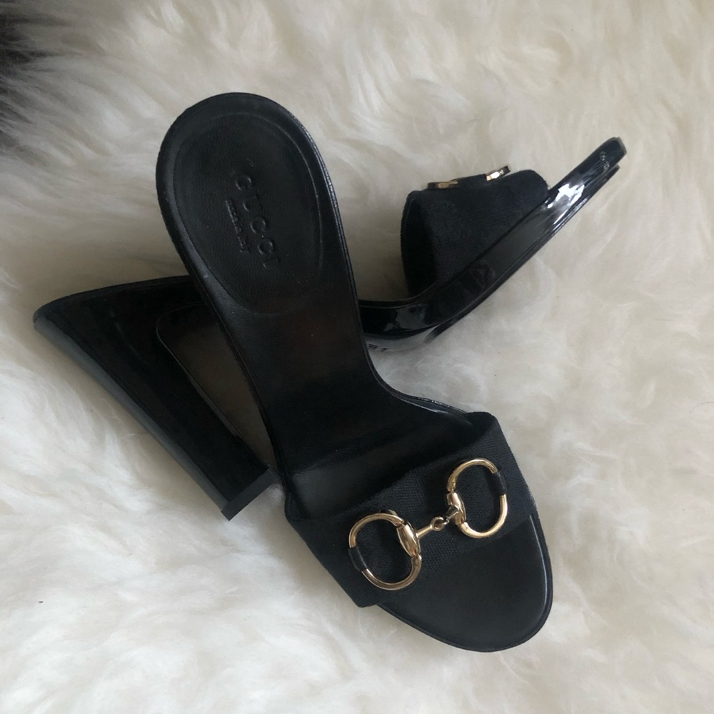 Gucci Black Heeled Mules with silver Accent